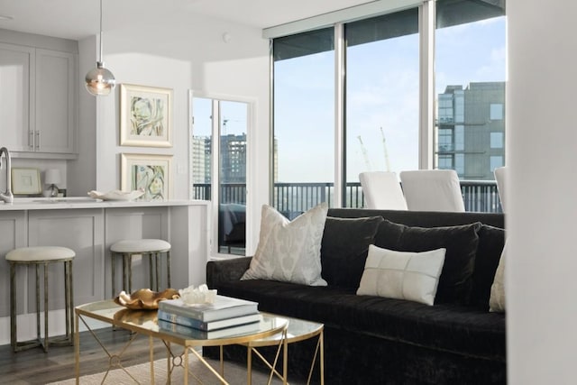 living area with a city view, floor to ceiling windows, and wood finished floors