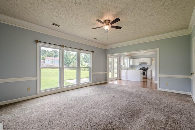 2794 Craig Ct, Marietta, GA 30062 - unfurnished living room with carpet, ceiling fan, a textured ceiling, and ornamental molding