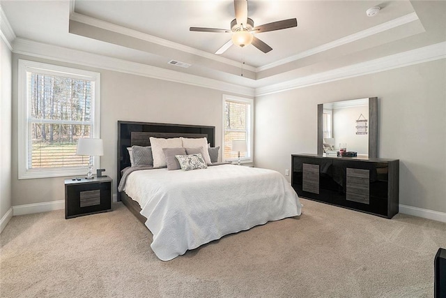 2320 Ridge View Dr, Loganville, GA 30052 - bedroom featuring a raised ceiling, carpet flooring, crown molding, baseboards, and ceiling fan