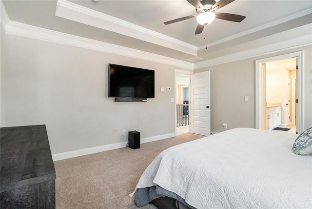 2320 Ridge View Dr, Loganville, GA 30052 - carpeted bedroom featuring a tray ceiling, ornamental molding, baseboards, and a ceiling fan