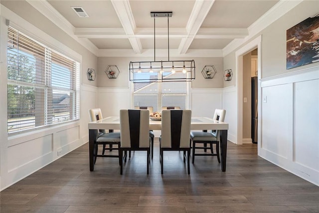 2320 Ridge View Dr, Loganville, GA 30052 - dining room with a decorative wall, coffered ceiling, beamed ceiling, a chandelier, and wainscoting
