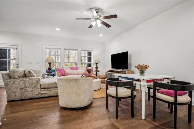 living room with recessed lighting, dark wood-style flooring, and ceiling fan