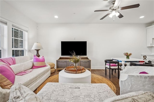 living room with recessed lighting, wood finished floors, and ceiling fan