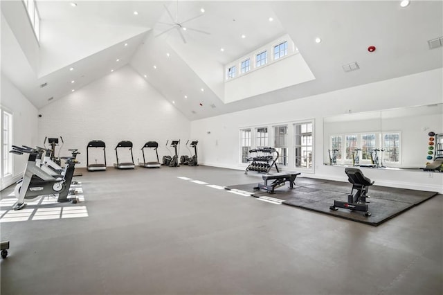 workout area with a healthy amount of sunlight, french doors, and high vaulted ceiling