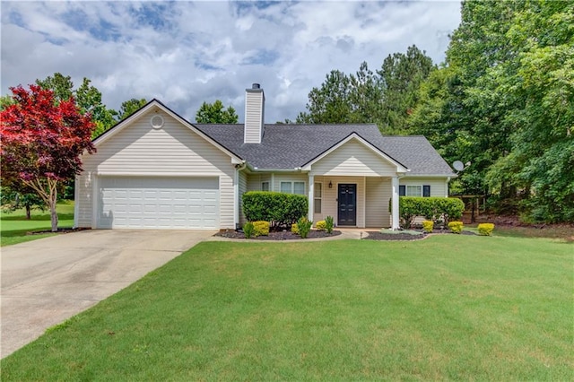 926 Masters Dr, Monroe, GA 30655 - ranch-style house featuring an attached garage, a chimney, driveway, and a front yard
