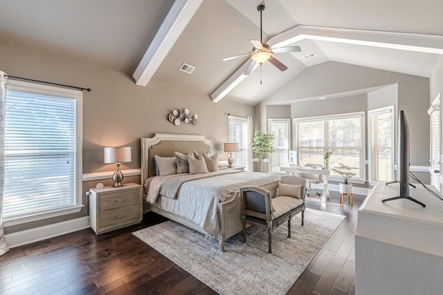 bedroom featuring vaulted ceiling with beams, ceiling fan, and dark hardwood / wood-style flooring