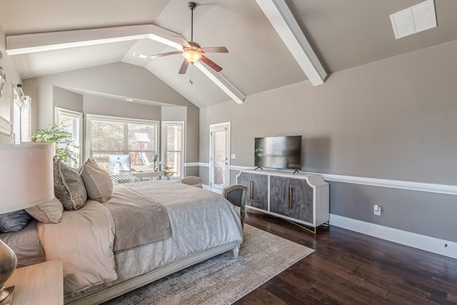 bedroom featuring ceiling fan, dark wood-type flooring, and lofted ceiling with beams