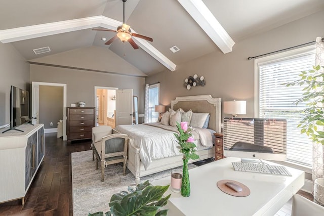 bedroom with vaulted ceiling with beams, ceiling fan, dark hardwood / wood-style floors, and connected bathroom