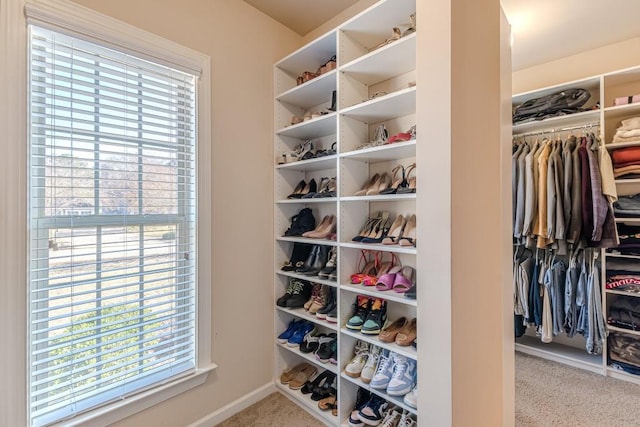 walk in closet with light carpet