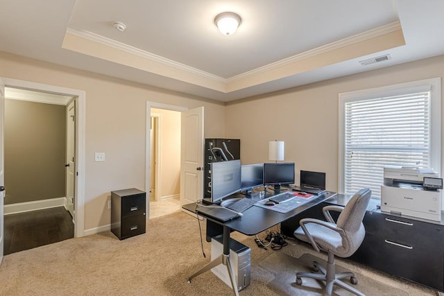 office featuring carpet floors, a raised ceiling, and ornamental molding