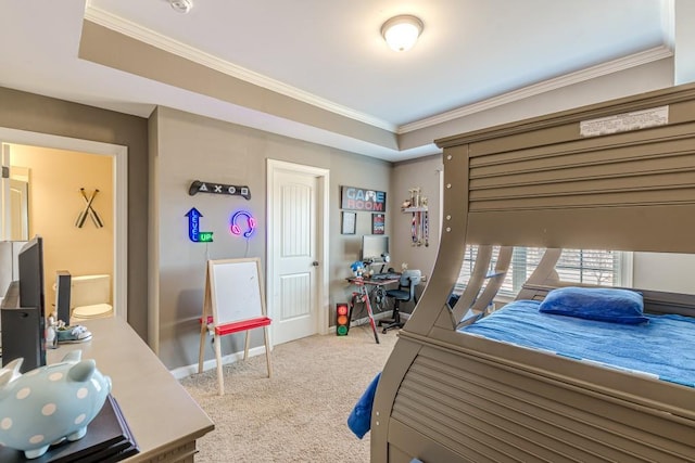 carpeted bedroom with crown molding