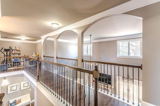 hallway featuring crown molding and dark wood-type flooring