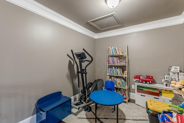 interior space featuring light carpet and ornamental molding