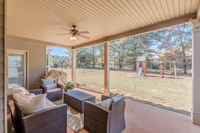 view of patio with a playground, ceiling fan, and an outdoor living space