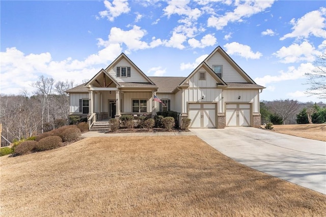 view of front facade featuring roof with shingles, a porch, board and batten siding, a garage, and driveway