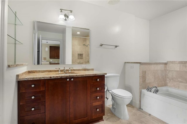 full bathroom featuring a bath, toilet, vanity, tile patterned flooring, and tiled shower