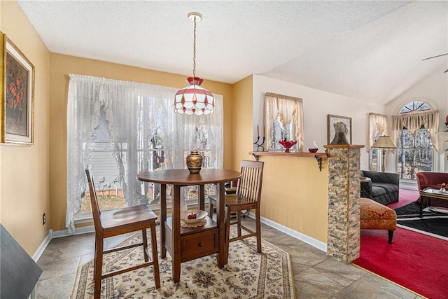 dining area featuring a wealth of natural light, a textured ceiling, baseboards, and vaulted ceiling