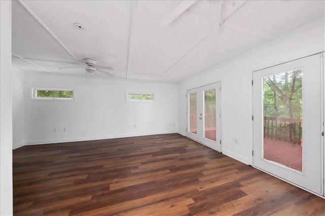 unfurnished room featuring ceiling fan, french doors, and dark hardwood / wood-style flooring