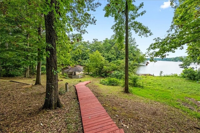 exterior space with a water view