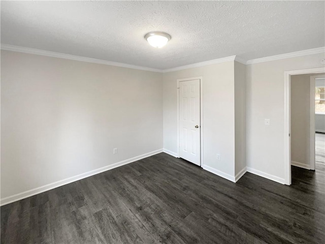 unfurnished bedroom with crown molding, dark wood-type flooring, and a textured ceiling