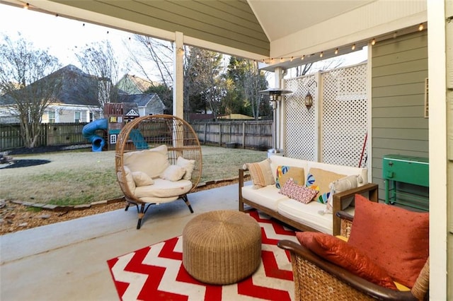 view of patio with a fenced backyard and an outdoor hangout area