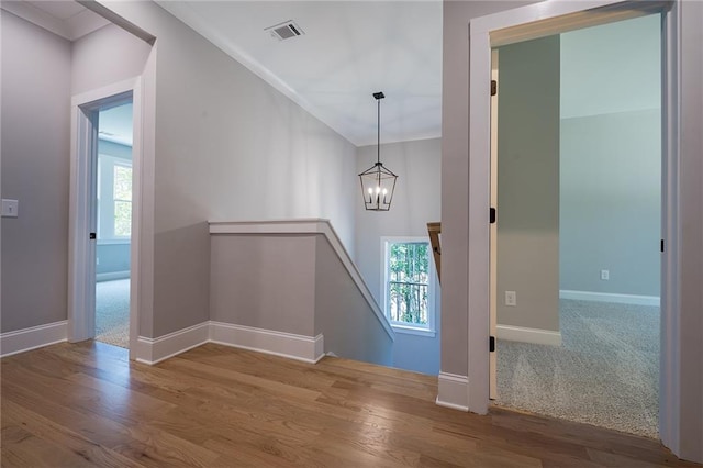 interior space featuring baseboards, wood finished floors, visible vents, and an inviting chandelier