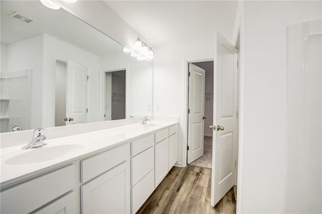 bathroom with vanity and wood-type flooring