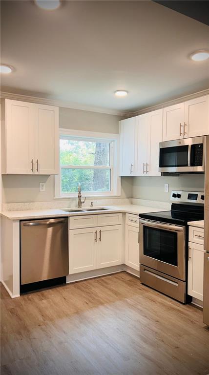 kitchen featuring white cabinetry, stainless steel appliances, and light hardwood / wood-style floors