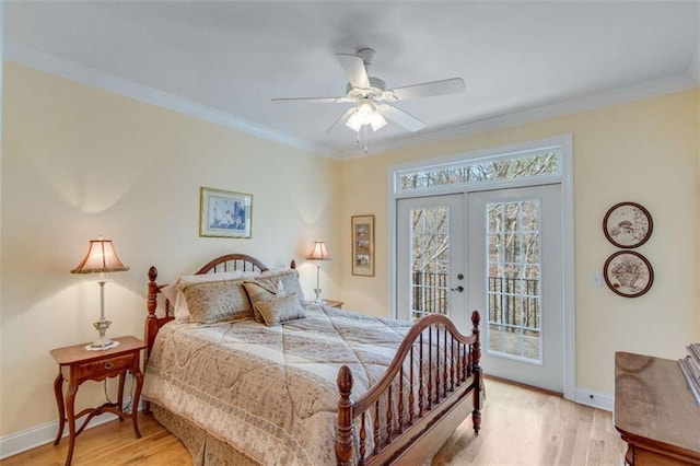 bedroom featuring french doors, light wood finished floors, ornamental molding, and access to outside