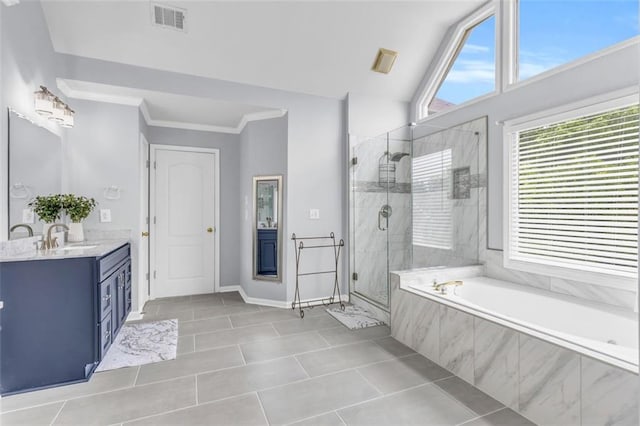947 Summer Forest Dr, Suwanee, GA 30024 - full bathroom featuring vanity, a bath, tile patterned floors, a shower stall, and baseboards
