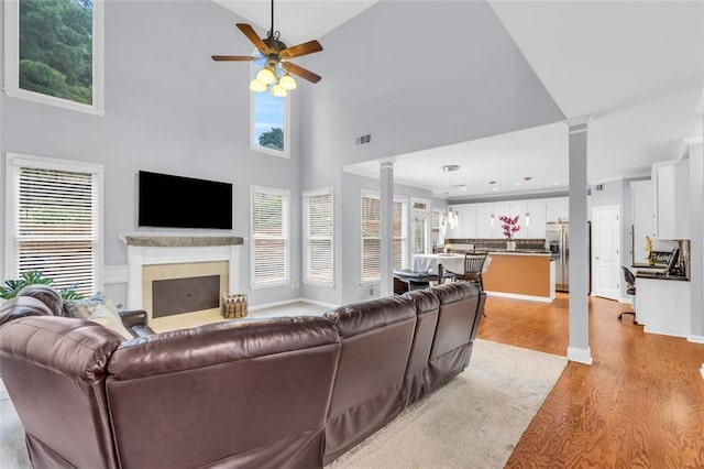 947 Summer Forest Dr, Suwanee, GA 30024 - living area featuring ornate columns, plenty of natural light, light wood finished floors, and high vaulted ceiling