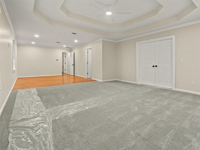 4515 N Slope Cir, Marietta, GA 30066 - carpeted empty room featuring crown molding, recessed lighting, a ceiling fan, and a tray ceiling