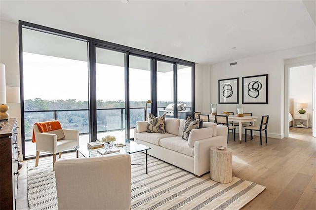 living room featuring expansive windows, a wealth of natural light, and light hardwood / wood-style floors