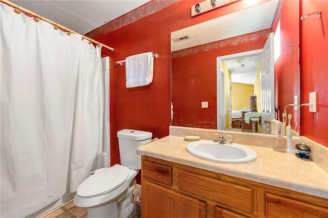 full bathroom with a textured ceiling, toilet, visible vents, vanity, and shower / bathtub combination with curtain