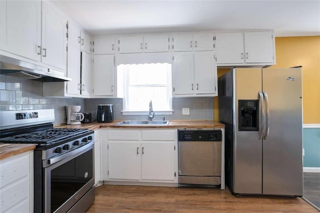 kitchen with white cabinets, under cabinet range hood, stainless steel appliances, and a sink