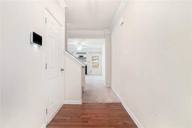 hall with hardwood / wood-style flooring and ornamental molding