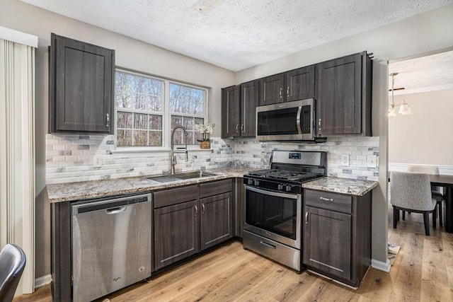 kitchen featuring light stone countertops, light wood-style flooring, a sink, stainless steel appliances, and tasteful backsplash