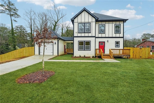 view of front facade featuring concrete driveway, board and batten siding, fence, and a garage
