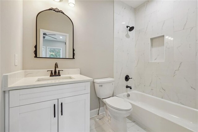 bathroom with toilet, shower / washtub combination, baseboards, marble finish floor, and vanity