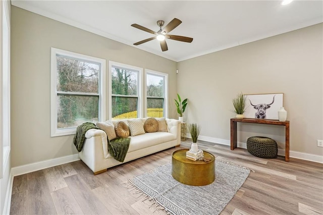 living area featuring crown molding, light wood-type flooring, baseboards, and a ceiling fan