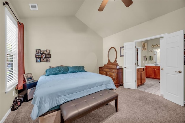 2677 Sardis Chase Ct, Buford, GA 30519 - bedroom featuring light carpet, vaulted ceiling, ensuite bathroom, and ceiling fan