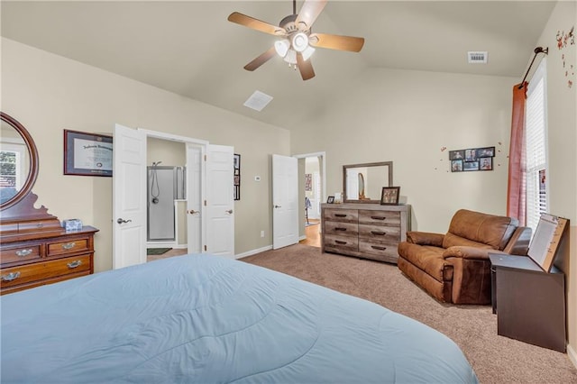 2677 Sardis Chase Ct, Buford, GA 30519 - bedroom with carpet floors, vaulted ceiling, multiple windows, baseboards, and ceiling fan
