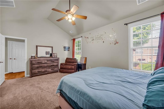 2677 Sardis Chase Ct, Buford, GA 30519 - carpeted bedroom with multiple windows, a ceiling fan, and high vaulted ceiling