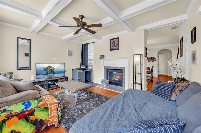 2677 Sardis Chase Ct, Buford, GA 30519 - living area with coffered ceiling, wood finished floors, beamed ceiling, ceiling fan, and a fireplace