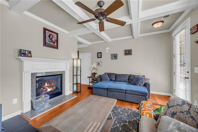 2677 Sardis Chase Ct, Buford, GA 30519 - living area featuring coffered ceiling, ceiling fan, wood finished floors, beam ceiling, and a premium fireplace