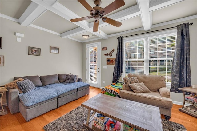 2677 Sardis Chase Ct, Buford, GA 30519 - living room featuring coffered ceiling, ceiling fan, light wood-style flooring, beam ceiling, and crown molding