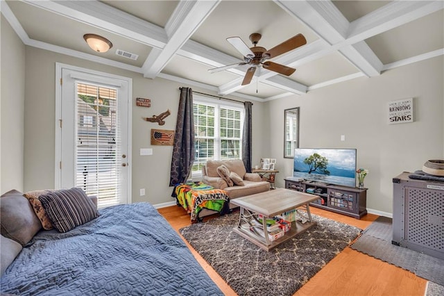 2677 Sardis Chase Ct, Buford, GA 30519 - living room featuring coffered ceiling, wood finished floors, a ceiling fan, plenty of natural light, and baseboards