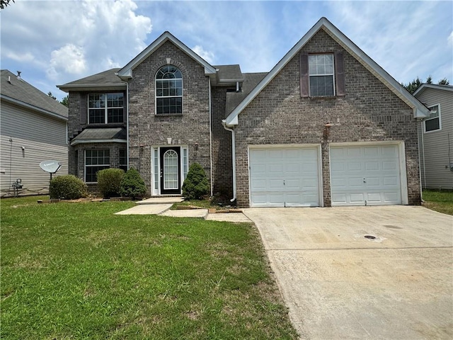 3850 Micah Ln, Ellenwood, GA 30294 - traditional home with concrete driveway, a front yard, and brick siding