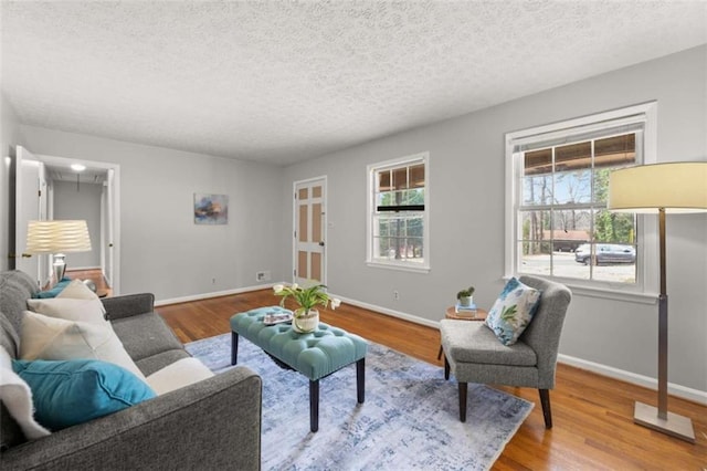 living room with baseboards, a textured ceiling, and wood finished floors