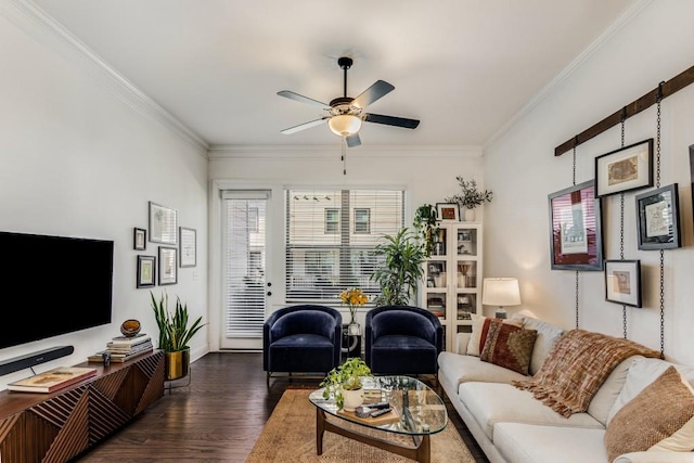 living room featuring dark wood-type flooring, crown molding, and ceiling fan